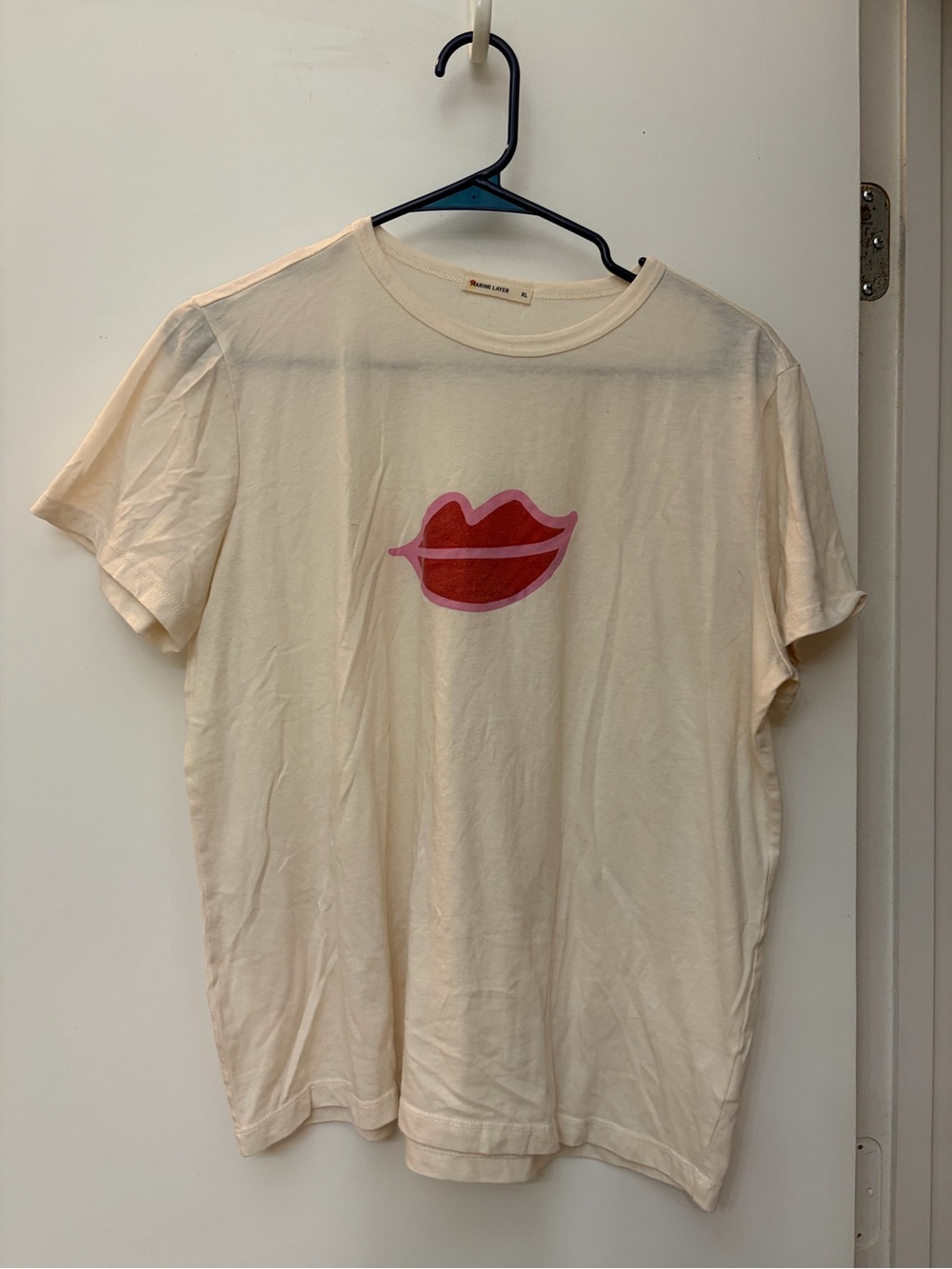 Marine Layer Cream Tee with Pink & Red Lip Graphic
